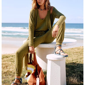 Free People 'Bicoastal' Green Long Sleeve Top & Bottom Set Size M